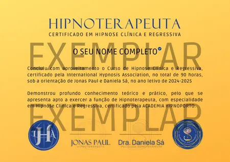 Exemplar Certificado Curso de Hipnose Clínica e Regressiva no Porto 2024 2025